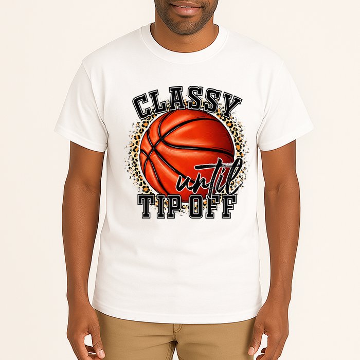 Classy Until Tip Off Funny Basketball Mom Leopard Tall T-Shirt