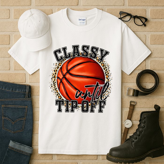 Classy Until Tip Off Funny Basketball Mom Leopard Tall T-Shirt