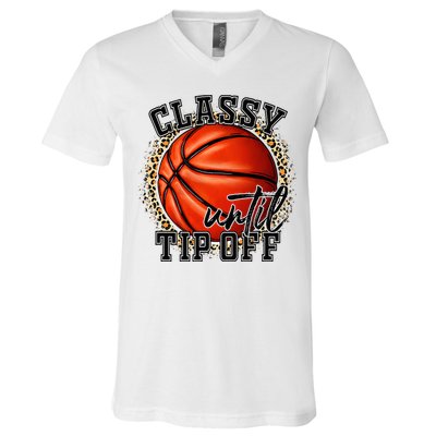 Classy Until Tip Off Funny Basketball Mom Leopard V-Neck T-Shirt