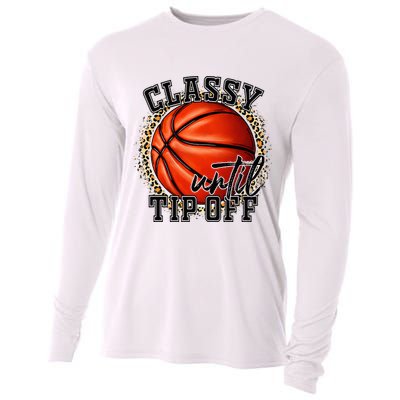 Classy Until Tip Off Funny Basketball Mom Leopard Cooling Performance Long Sleeve Crew