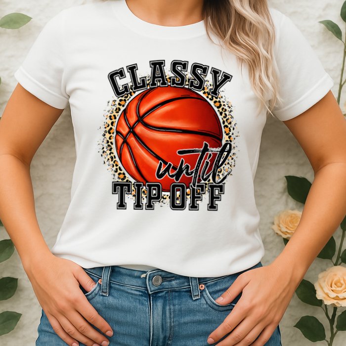 Classy Until Tip Off Funny Basketball Mom Leopard Womens T-Shirt