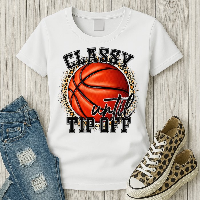 Classy Until Tip Off Funny Basketball Mom Leopard Womens T-Shirt