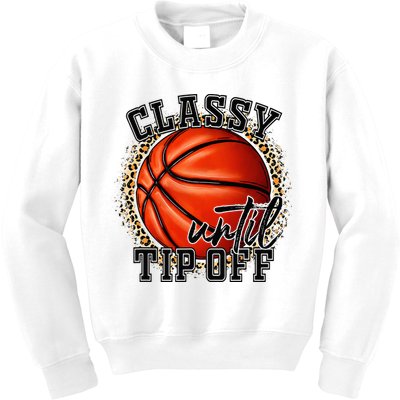 Classy Until Tip Off Funny Basketball Mom Leopard Kids Sweatshirt