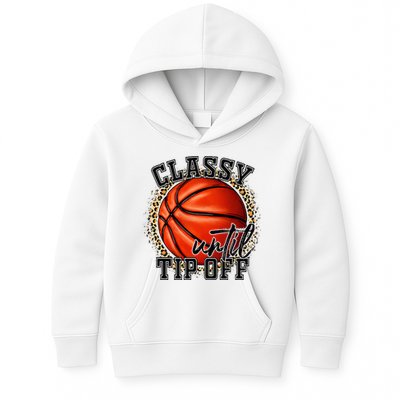 Classy Until Tip Off Funny Basketball Mom Leopard Kids Hoodie