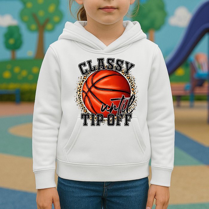 Classy Until Tip Off Funny Basketball Mom Leopard Kids Hoodie
