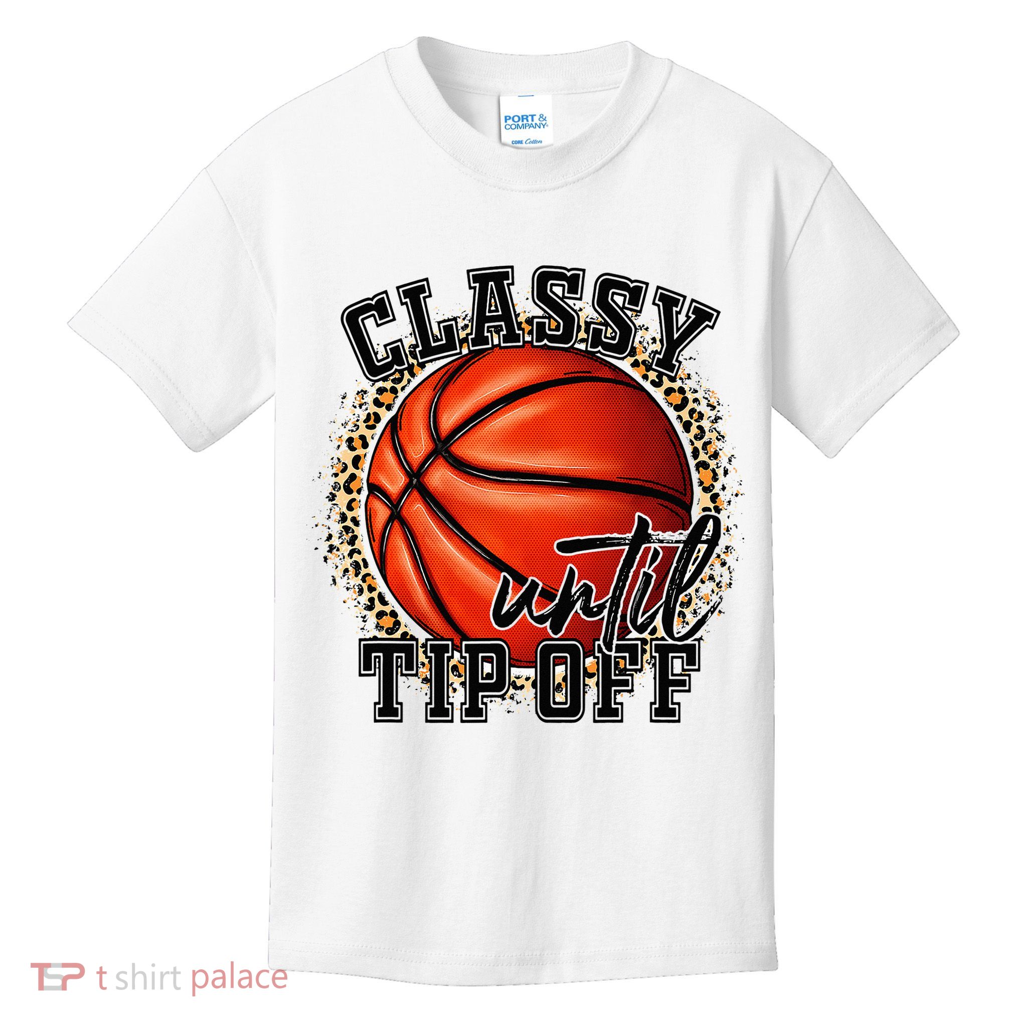 Classy Until Tip Off Funny Basketball Mom Leopard Kids T-Shirt