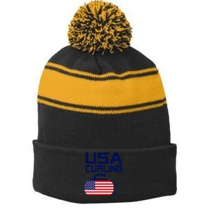 Curling USA Team American Flag Curl Winter Sports Lovers Stripe Pom Pom Beanie