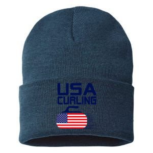 Curling USA Team American Flag Curl Winter Sports Lovers Sustainable Knit Beanie