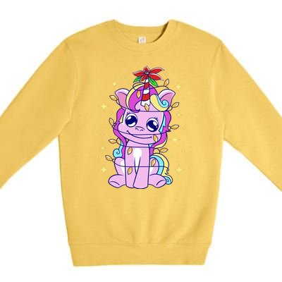 Cute Unicorn Tangled Christmas Lights Stars Rainbow Premium Crewneck Sweatshirt