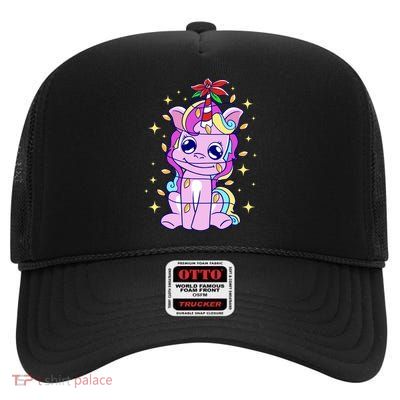 Cute Unicorn Tangled Christmas Lights Stars Rainbow High Crown Mesh Back Trucker Hat