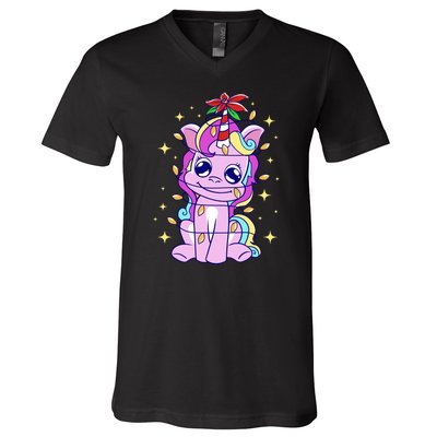 Cute Unicorn Tangled Christmas Lights Stars Rainbow V-Neck T-Shirt