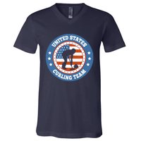 Curling USA Team Winter Sports Lovers Americain Flag V-Neck T-Shirt