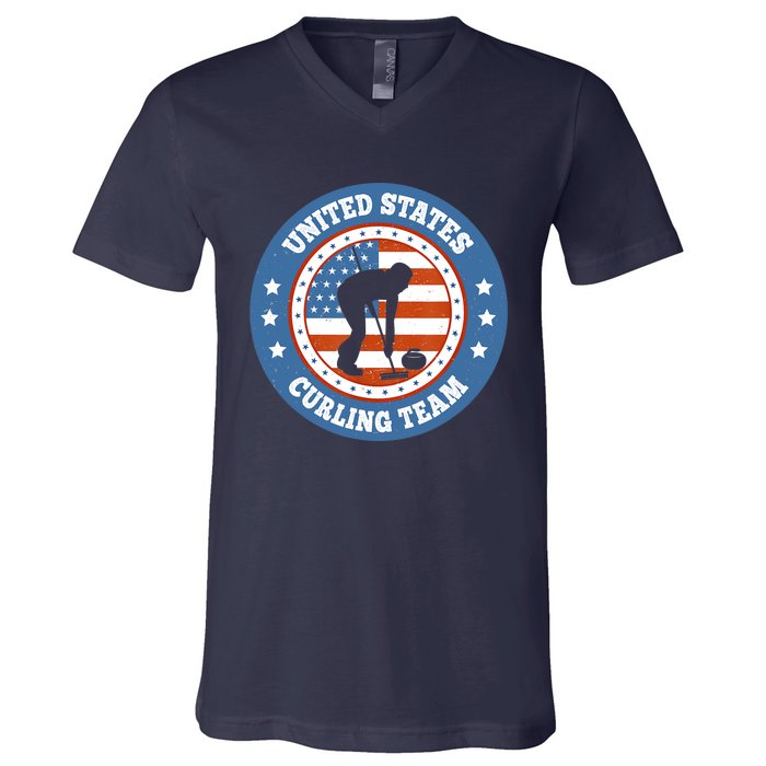 Curling USA Team Winter Sports Lovers Americain Flag V-Neck T-Shirt