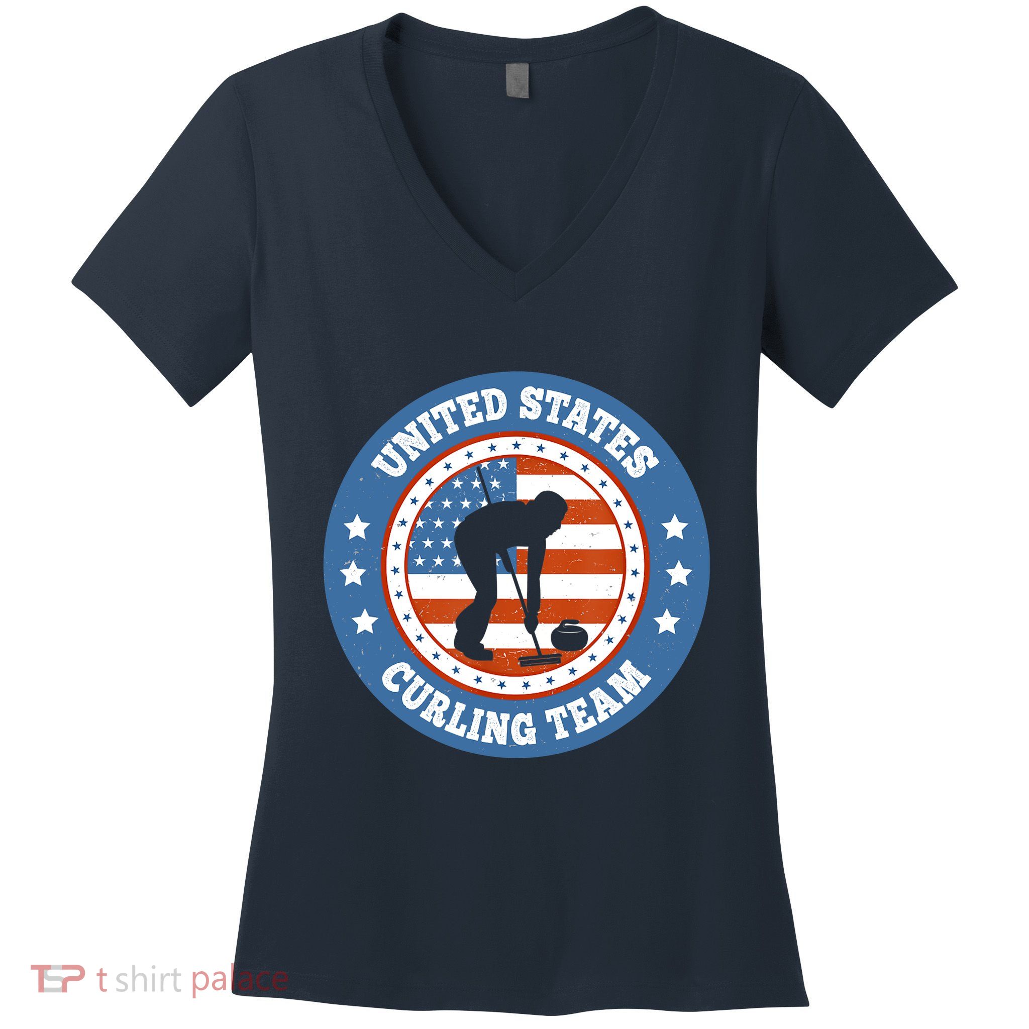 Curling USA Team Winter Sports Lovers Americain Flag Women's V-Neck T-Shirt