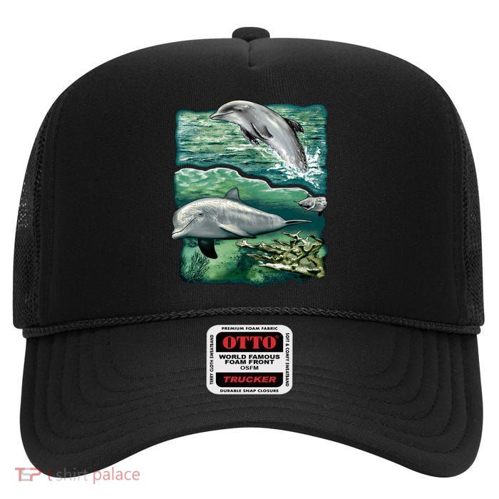 Cute Abstract dolphins In Sea Life High Crown Mesh Back Trucker Hat
