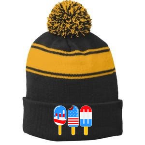 Cute American Flag Popsicles  Stripe Pom Pom Beanie