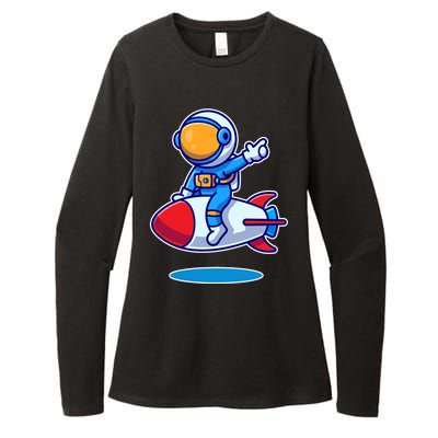 Cute Astronaut On Rocket Cartoon Womens CVC Long Sleeve Shirt