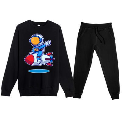 Cute Astronaut On Rocket Cartoon Premium Crewneck Sweatsuit Set