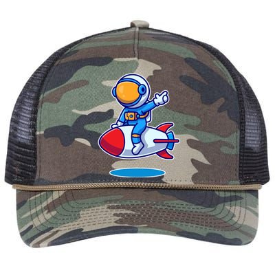 Cute Astronaut On Rocket Cartoon Retro Rope Trucker Hat Cap