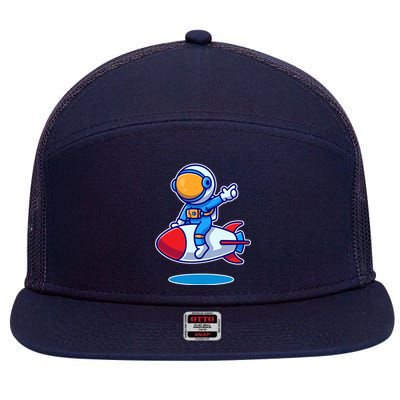 Cute Astronaut On Rocket Cartoon 7 Panel Mesh Trucker Snapback Hat