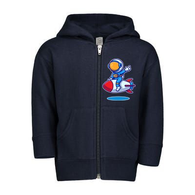 Cute Astronaut On Rocket Cartoon Toddler Zip Fleece Hoodie