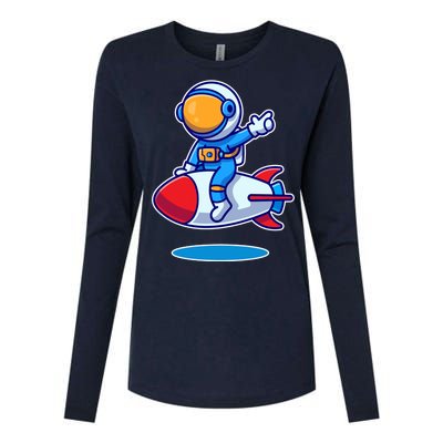 Cute Astronaut On Rocket Cartoon Womens Cotton Relaxed Long Sleeve T-Shirt