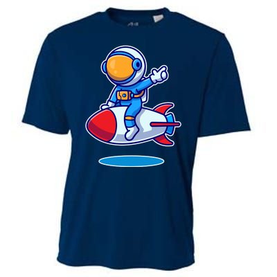 Cute Astronaut On Rocket Cartoon Cooling Performance Crew T-Shirt