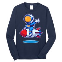 Cute Astronaut On Rocket Cartoon Long Sleeve Shirt