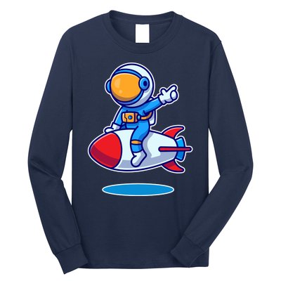 Cute Astronaut On Rocket Cartoon Long Sleeve Shirt