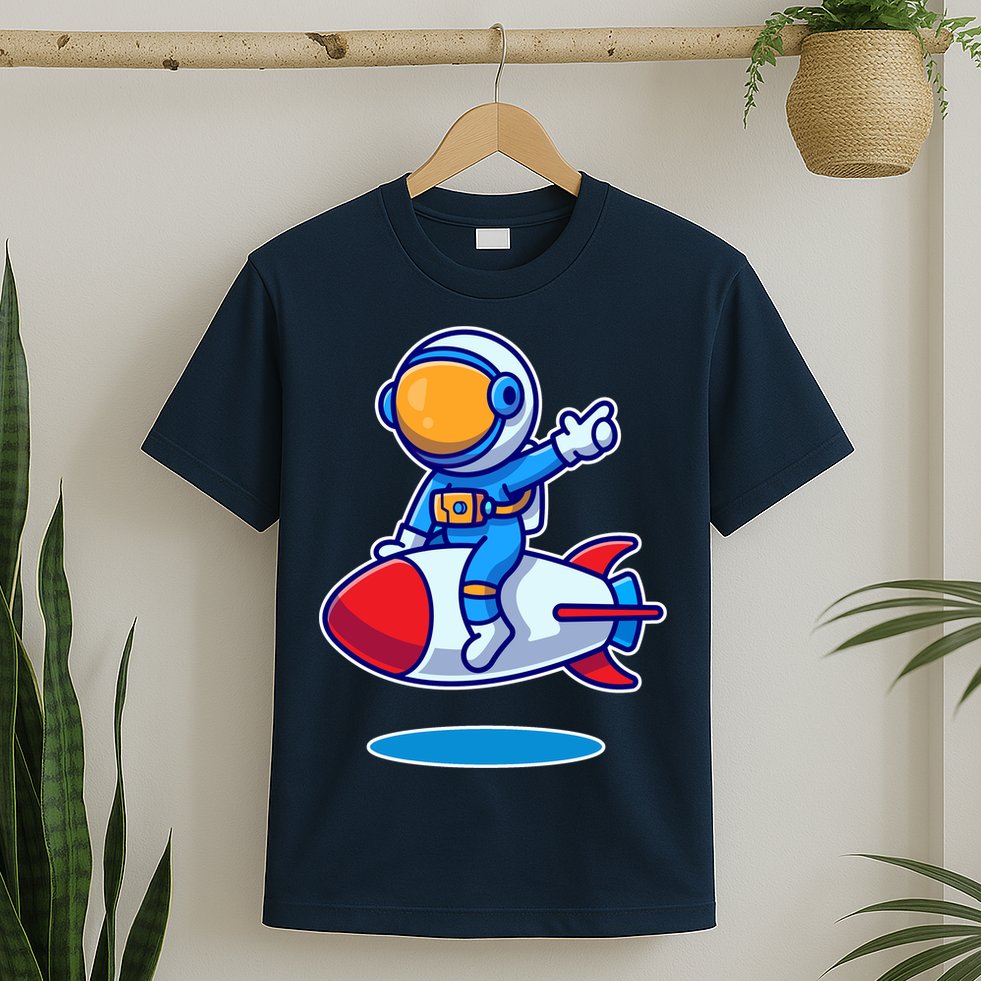 Cute Astronaut On Rocket Cartoon T-Shirt