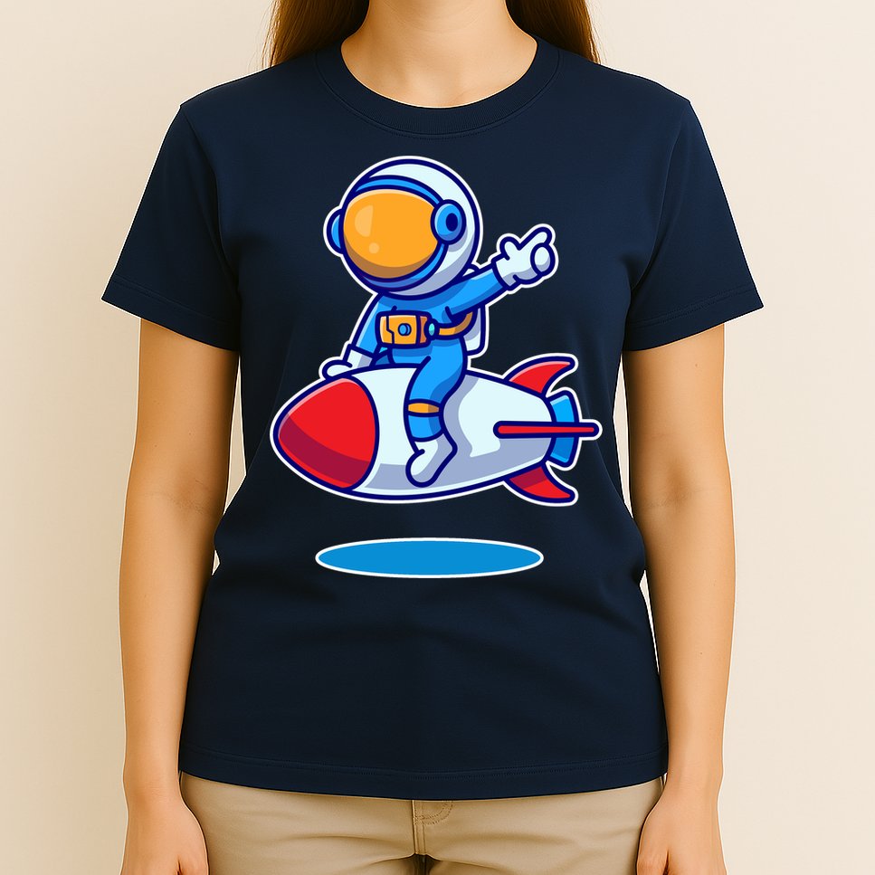 Cute Astronaut On Rocket Cartoon T-Shirt