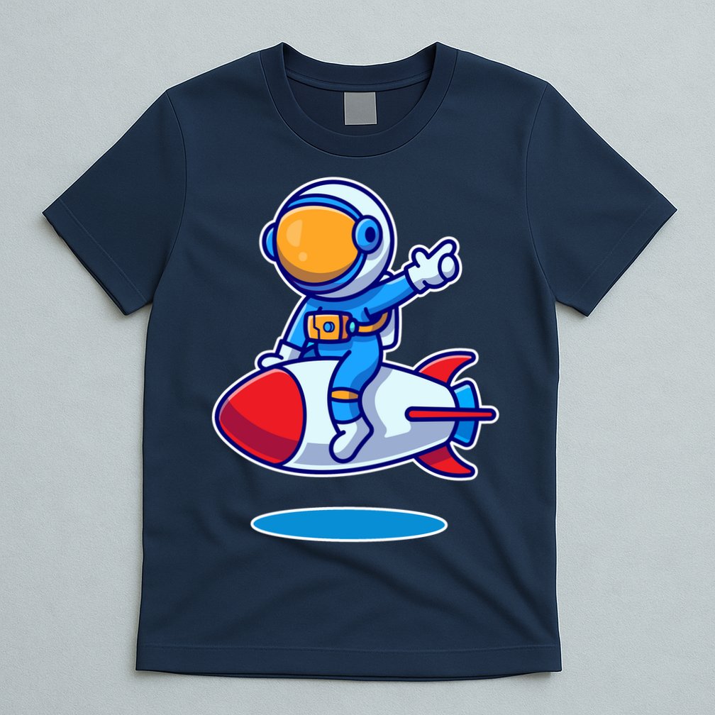Cute Astronaut On Rocket Cartoon T-Shirt