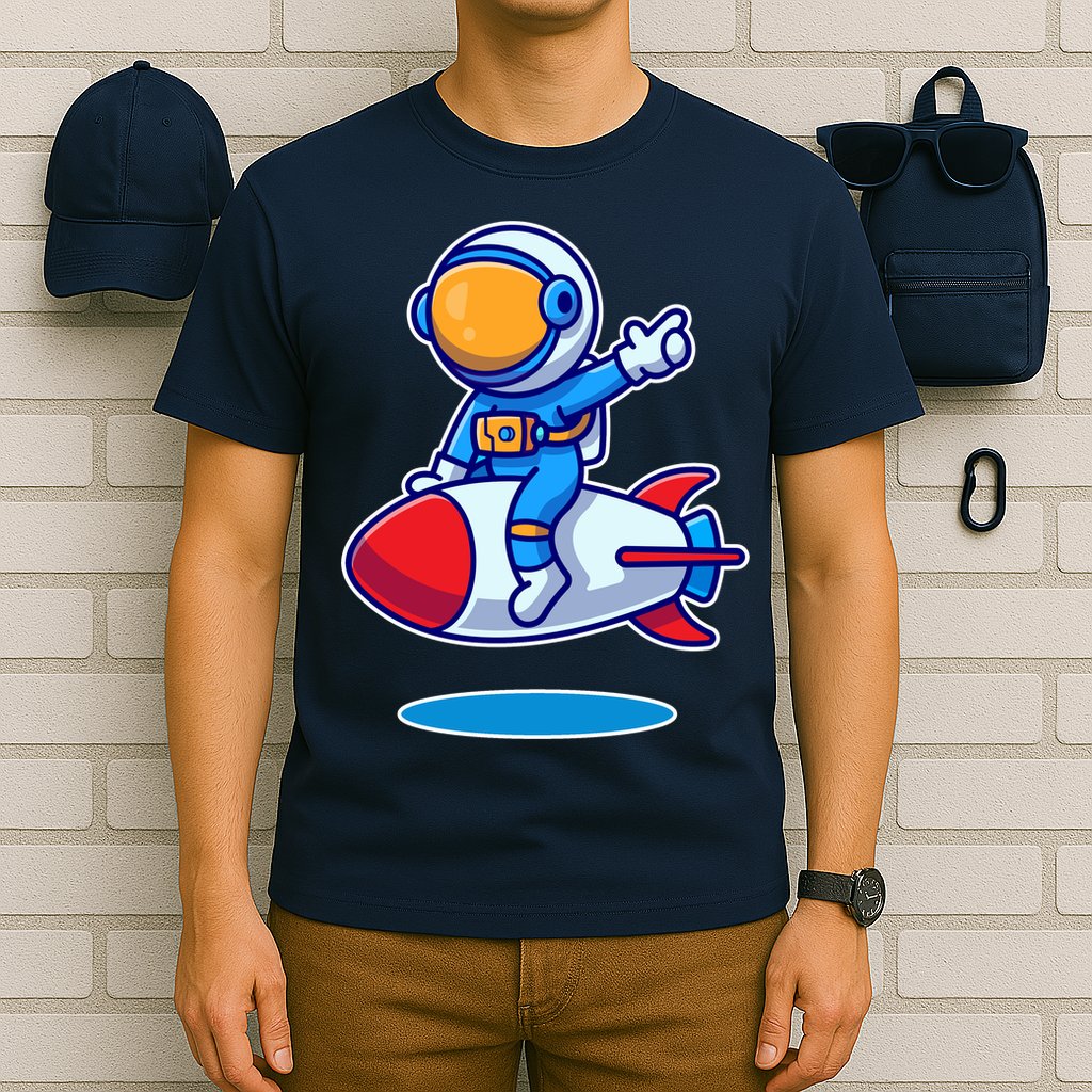 Cute Astronaut On Rocket Cartoon T-Shirt