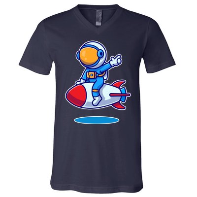 Cute Astronaut On Rocket Cartoon V-Neck T-Shirt