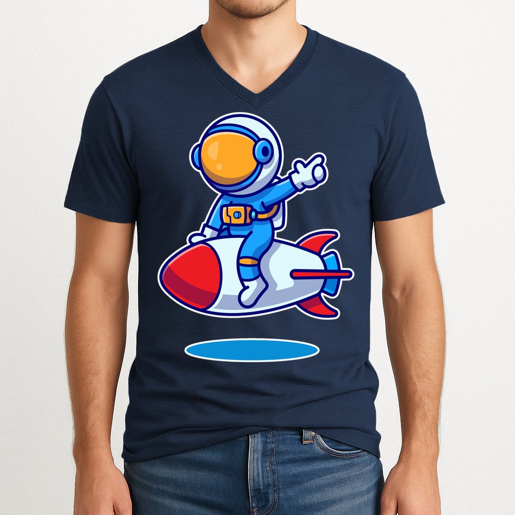 Cute Astronaut On Rocket Cartoon V-Neck T-Shirt