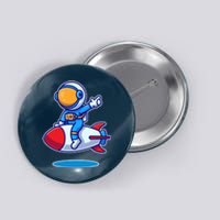 Cute Astronaut On Rocket Cartoon Button