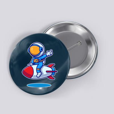 Cute Astronaut On Rocket Cartoon Button