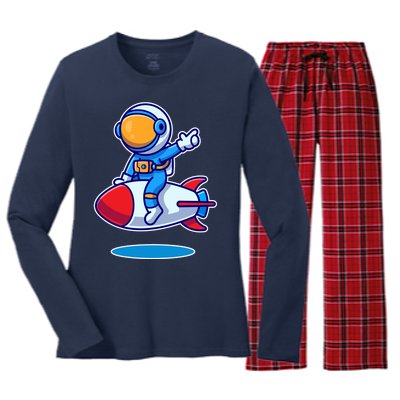 Cute Astronaut On Rocket Cartoon Women's Long Sleeve Flannel Pajama Set 