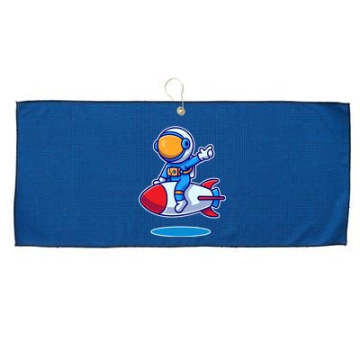 Cute Astronaut On Rocket Cartoon Large Microfiber Waffle Golf Towel