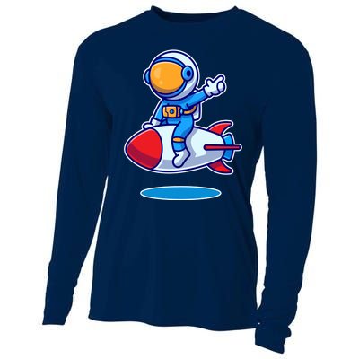 Cute Astronaut On Rocket Cartoon Cooling Performance Long Sleeve Crew