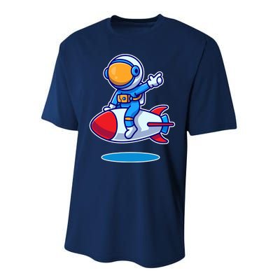 Cute Astronaut On Rocket Cartoon Performance Sprint T-Shirt