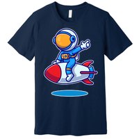 Cute Astronaut On Rocket Cartoon Premium T-Shirt