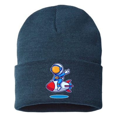 Cute Astronaut On Rocket Cartoon Sustainable Knit Beanie