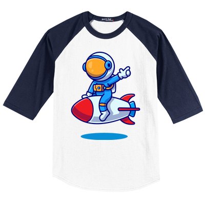 Cute Astronaut On Rocket Cartoon Baseball Sleeve Shirt