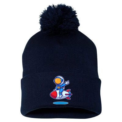 Cute Astronaut On Rocket Cartoon Pom Pom 12in Knit Beanie