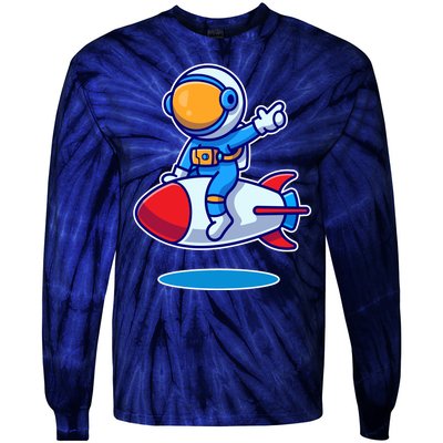 Cute Astronaut On Rocket Cartoon Tie-Dye Long Sleeve Shirt