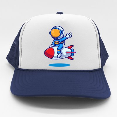 Cute Astronaut On Rocket Cartoon Trucker Hat