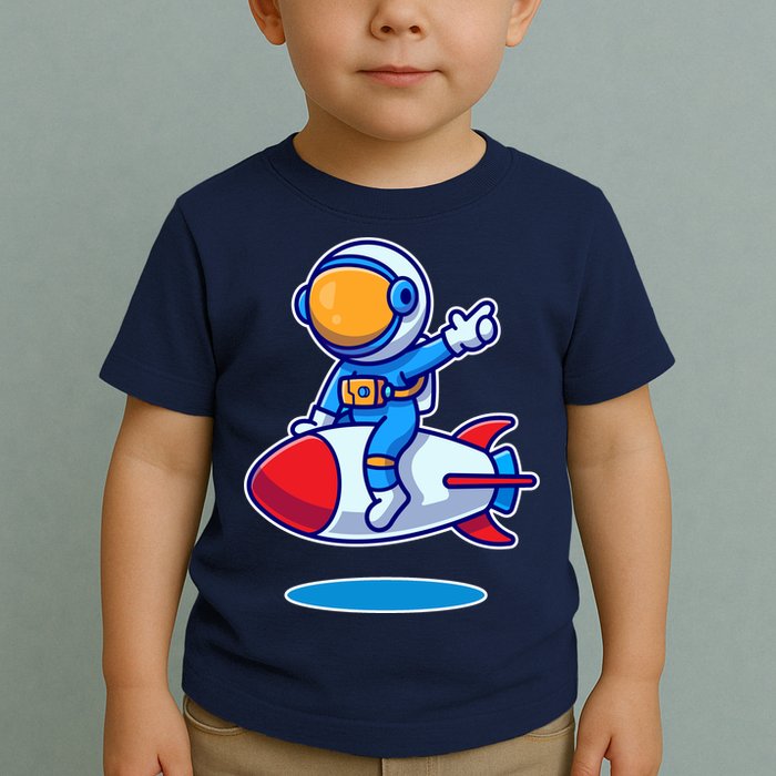 Cute Astronaut On Rocket Cartoon Toddler T-Shirt