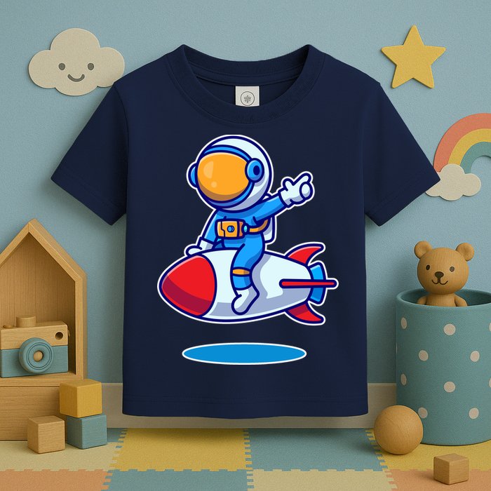 Cute Astronaut On Rocket Cartoon Toddler T-Shirt