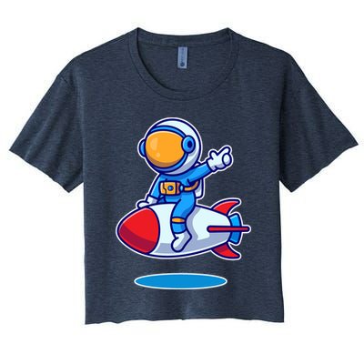 Cute Astronaut On Rocket Cartoon Crop Top